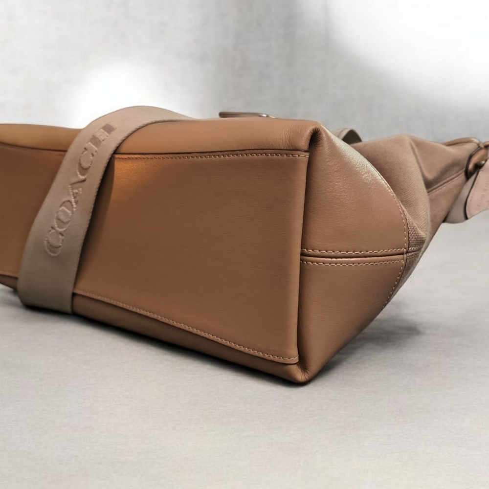 Coach Brown Leather and Tan Canvas Hobo Bag with Signature Crossbody Strap - Picture 10 of 12